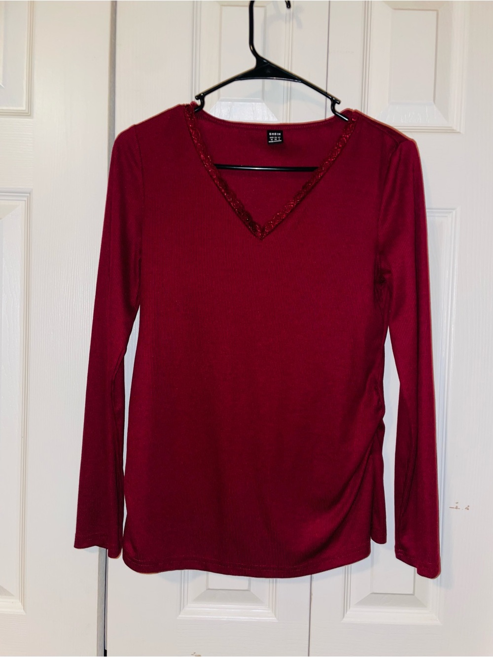 SHEIN Deep Red Long Sleeve V-Neck Top with Trim
